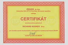 Certifikát ZEDER Slovensko